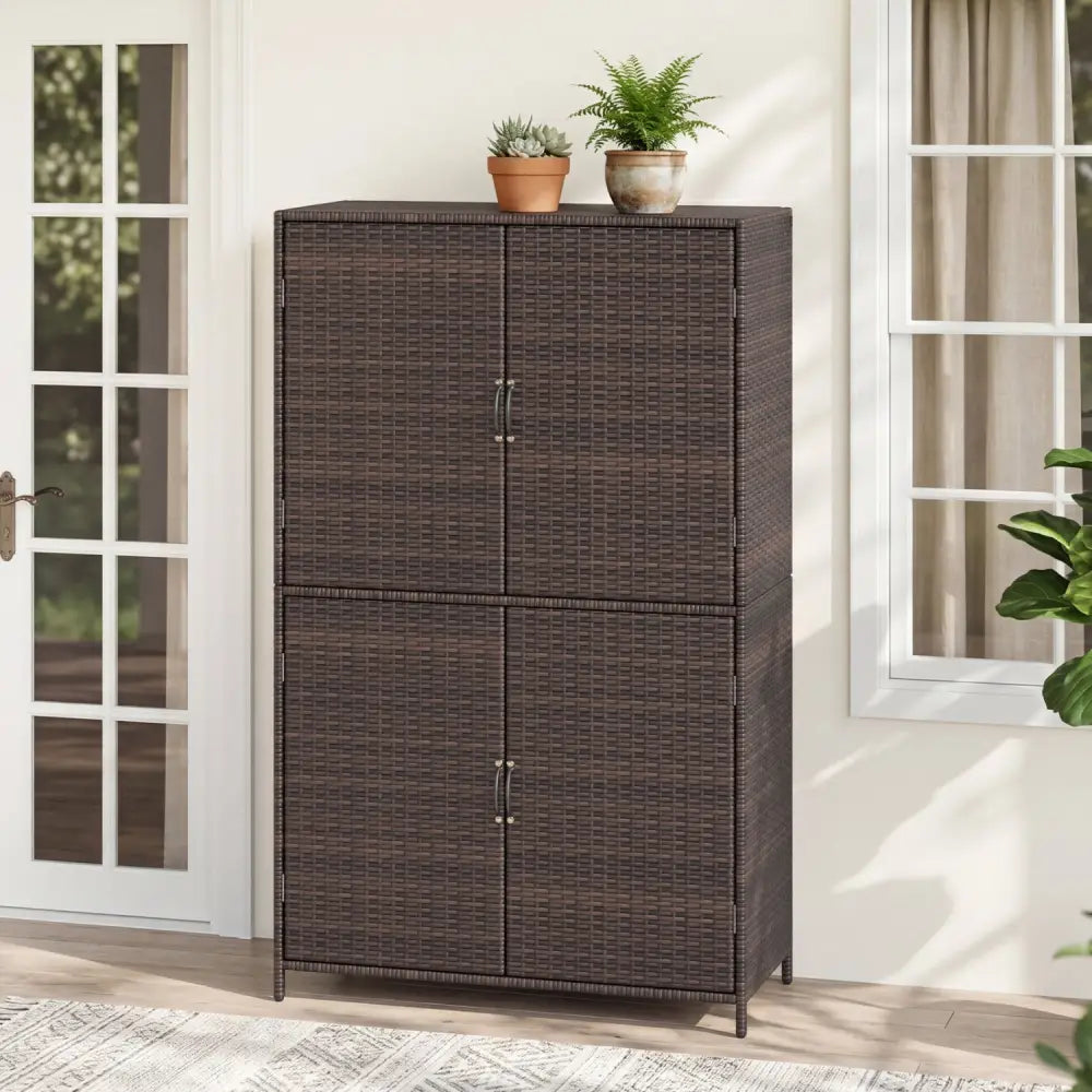 4-Door Rattan Vertical Storage Shed with Adjustable Shelves-Brown - Brown - Sheds & Outdoor Storage