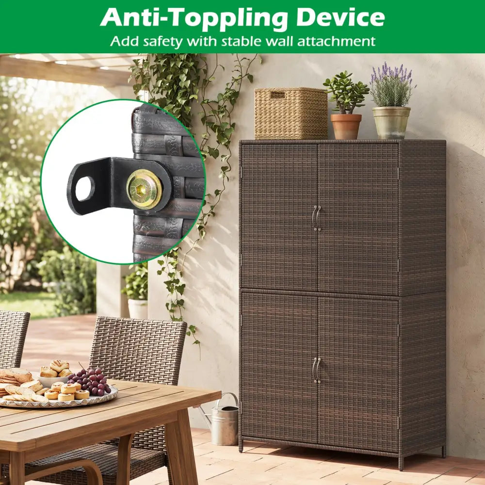 4-Door Rattan Vertical Storage Shed with Adjustable Shelves-Brown - Brown - Sheds & Outdoor Storage