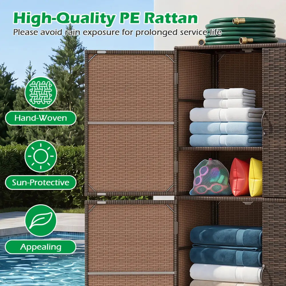 4-Door Rattan Vertical Storage Shed with Adjustable Shelves-Brown - Brown - Sheds & Outdoor Storage