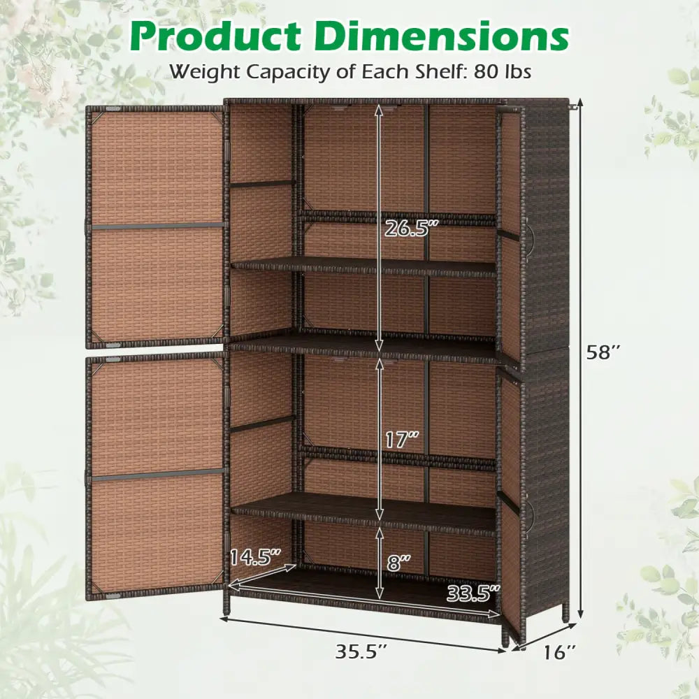 4-Door Rattan Vertical Storage Shed with Adjustable Shelves-Brown - Brown - Sheds & Outdoor Storage