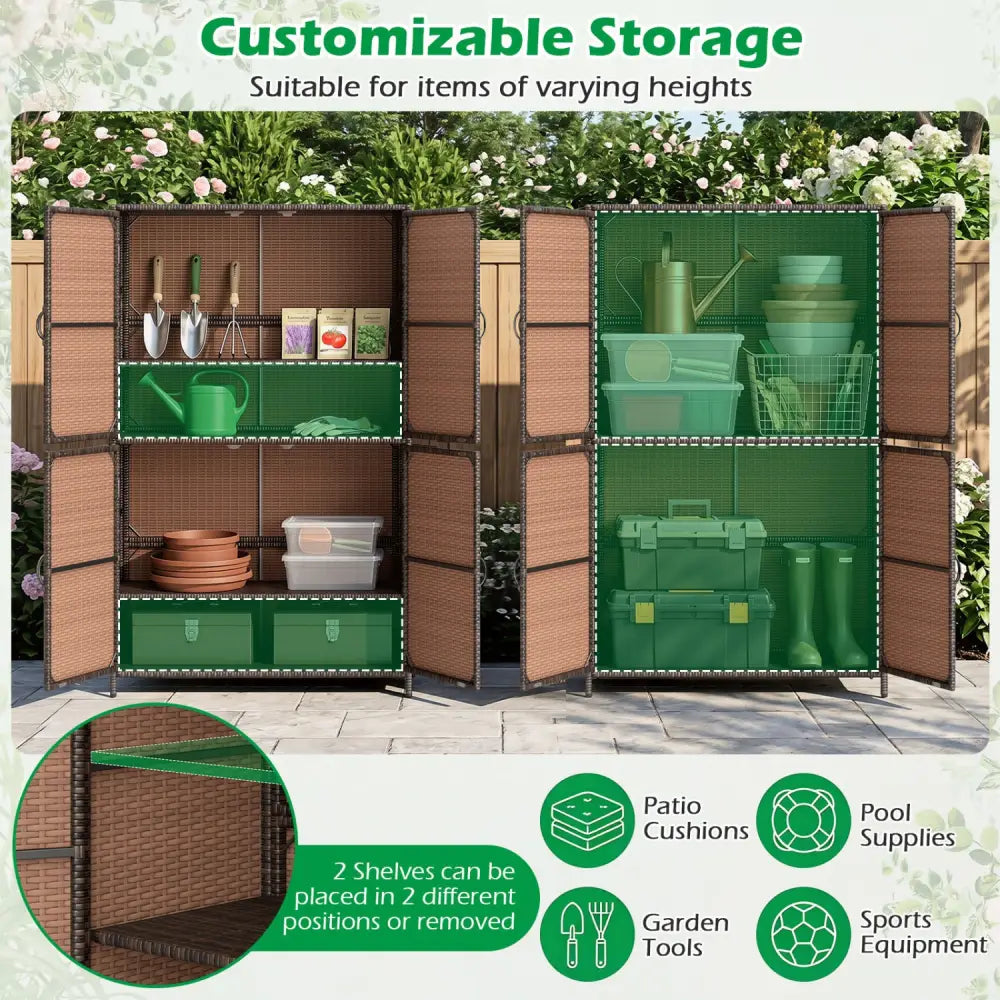 4-Door Rattan Vertical Storage Shed with Adjustable Shelves-Brown - Brown - Sheds & Outdoor Storage