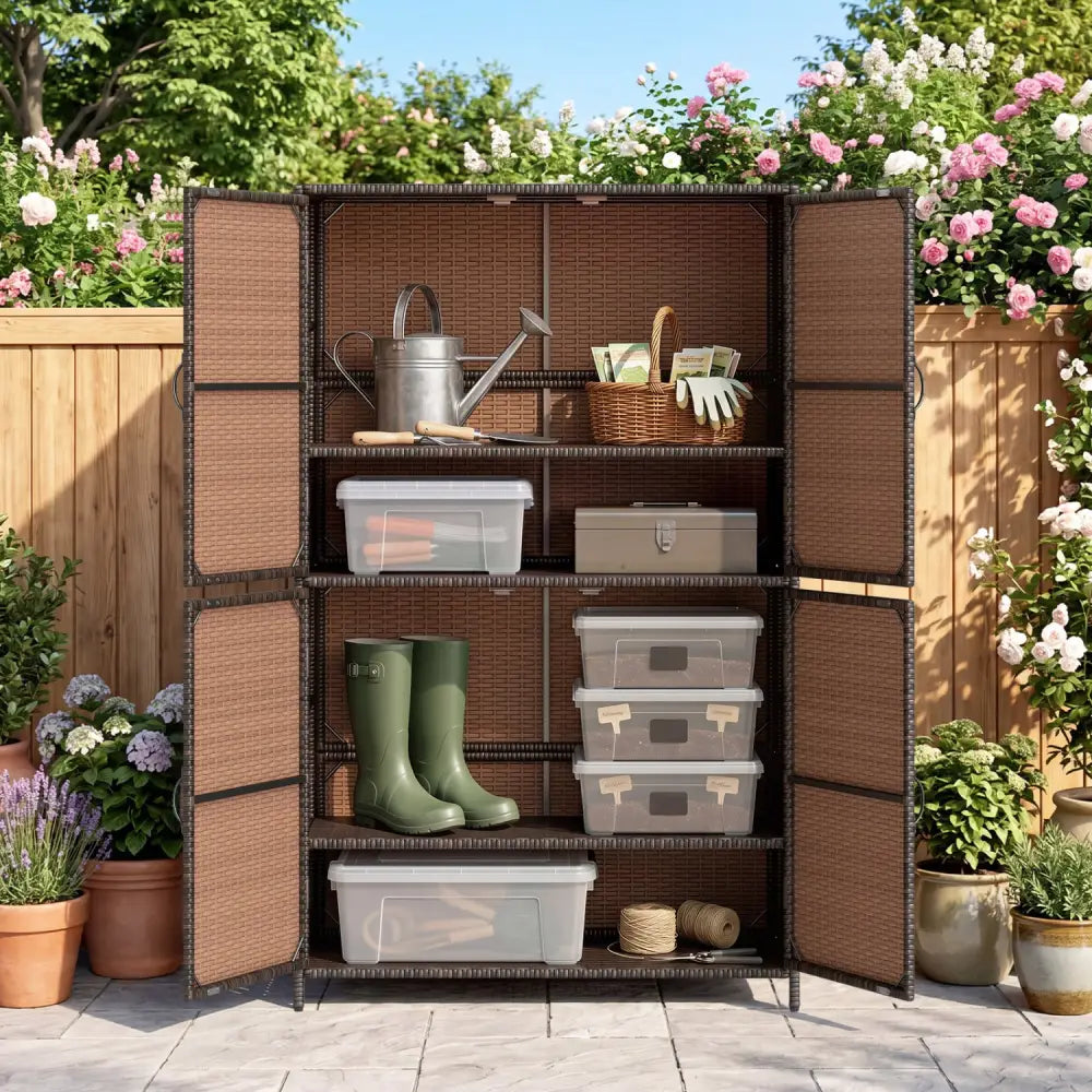 4-Door Rattan Vertical Storage Shed with Adjustable Shelves-Brown - Brown - Sheds & Outdoor Storage