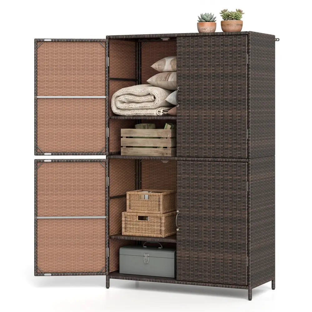4-Door Rattan Vertical Storage Shed with Adjustable Shelves-Brown - Brown - Sheds & Outdoor Storage
