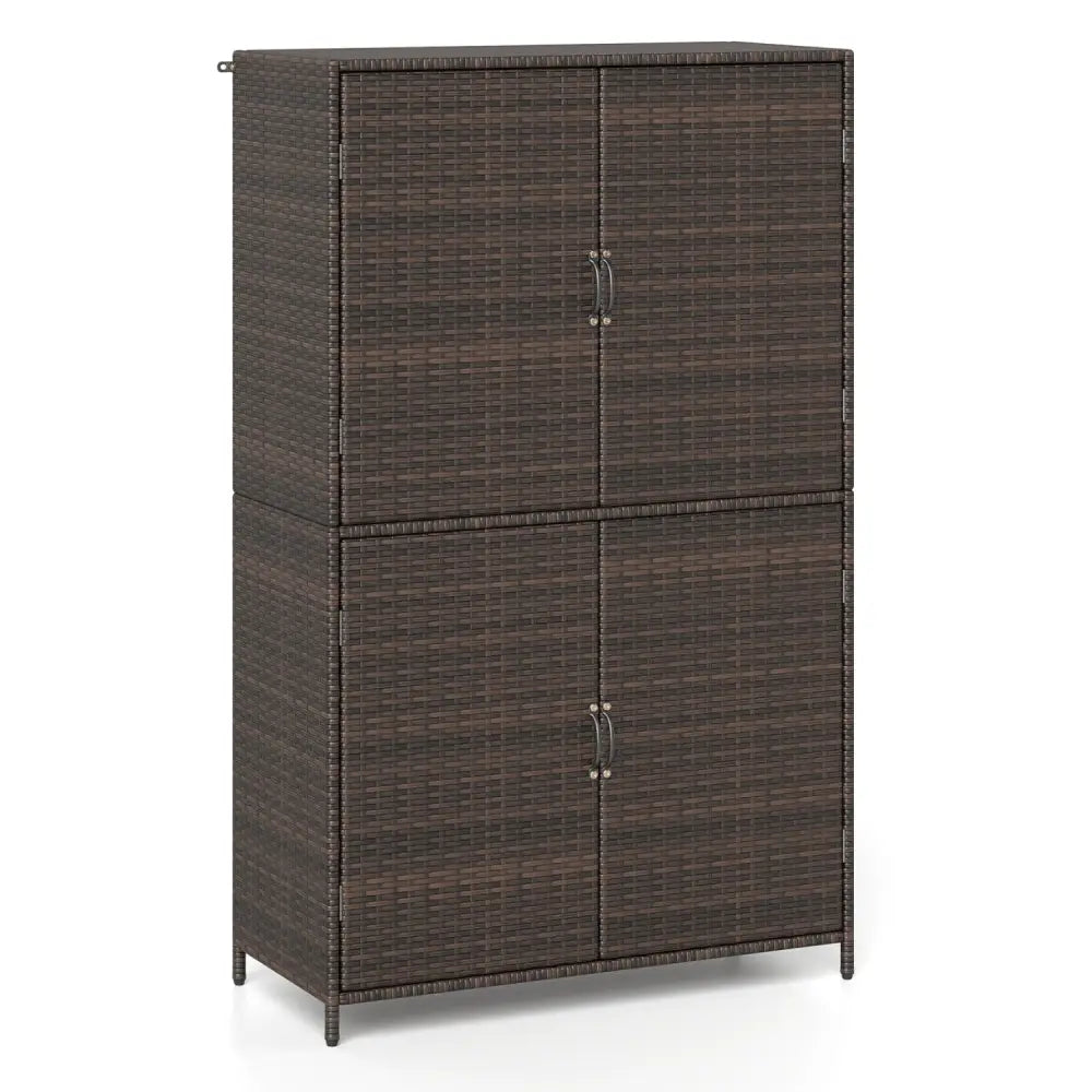 4-Door Rattan Vertical Storage Shed with Adjustable Shelves-Brown - Brown - Sheds & Outdoor Storage