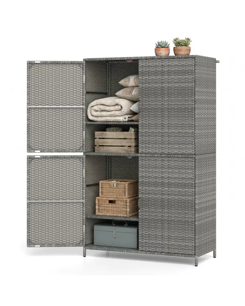 4-Door Rattan Vertical Storage Shed with Adjustable Shelves-Gray - Gray - Sheds & Outdoor Storage