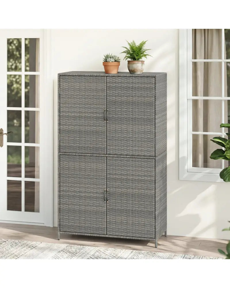 4-Door Rattan Vertical Storage Shed with Adjustable Shelves-Gray - Gray - Sheds & Outdoor Storage