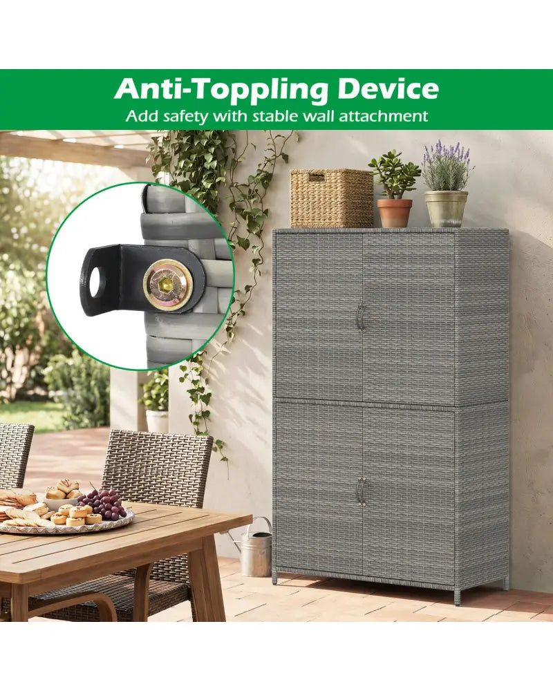 4-Door Rattan Vertical Storage Shed with Adjustable Shelves-Gray - Gray - Sheds & Outdoor Storage