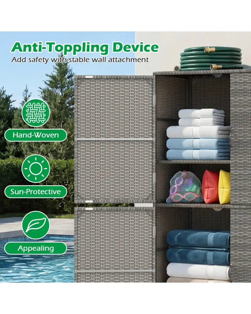4-Door Rattan Vertical Storage Shed with Adjustable Shelves-Gray - Gray - Sheds & Outdoor Storage