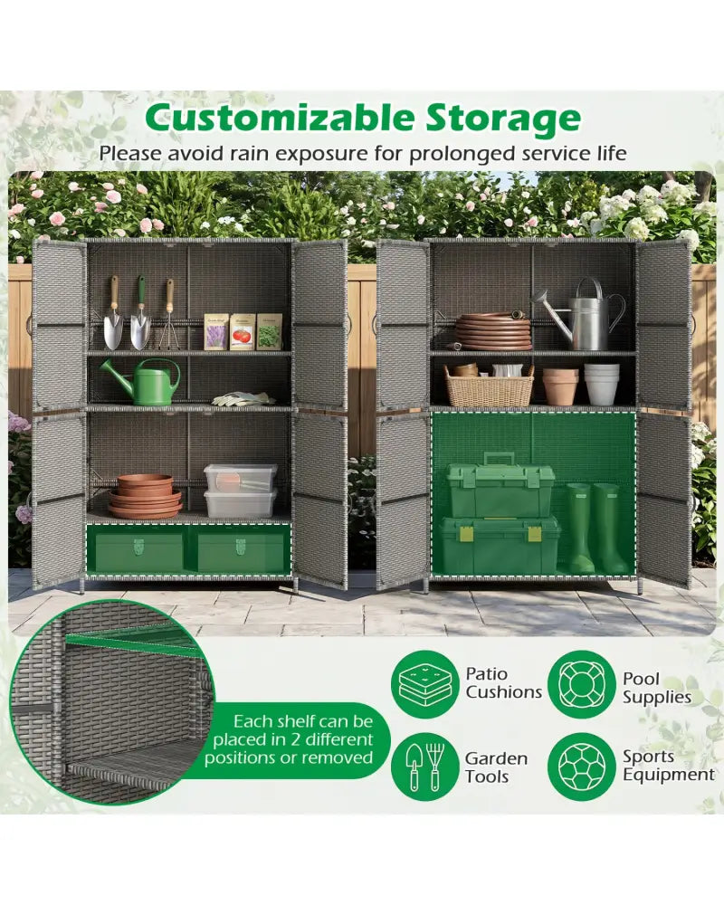 4-Door Rattan Vertical Storage Shed with Adjustable Shelves-Gray - Gray - Sheds & Outdoor Storage