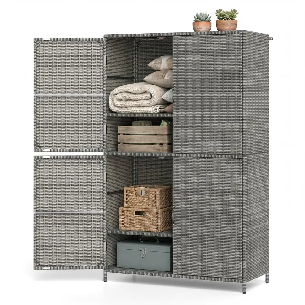4-Door Rattan Vertical Storage Shed with Adjustable Shelves-Gray - Gray - Sheds & Outdoor Storage