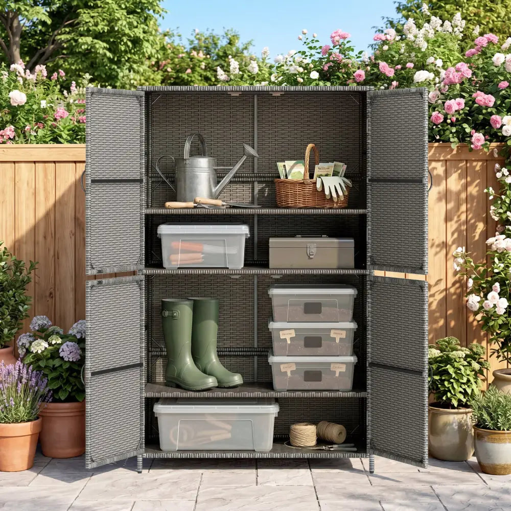 4-Door Rattan Vertical Storage Shed with Adjustable Shelves-Gray - Gray - Sheds & Outdoor Storage