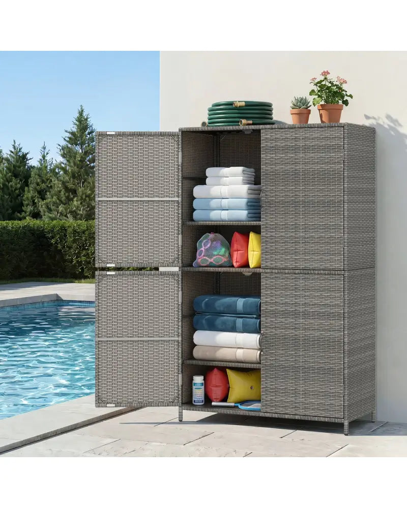 4-Door Rattan Vertical Storage Shed with Adjustable Shelves-Gray - Gray - Sheds & Outdoor Storage