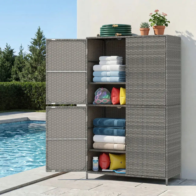 4-Door Rattan Vertical Storage Shed with Adjustable Shelves-Gray - Gray - Sheds & Outdoor Storage