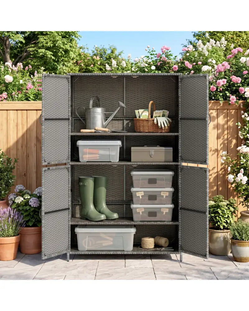 4-Door Rattan Vertical Storage Shed with Adjustable Shelves-Gray - Gray - Sheds & Outdoor Storage