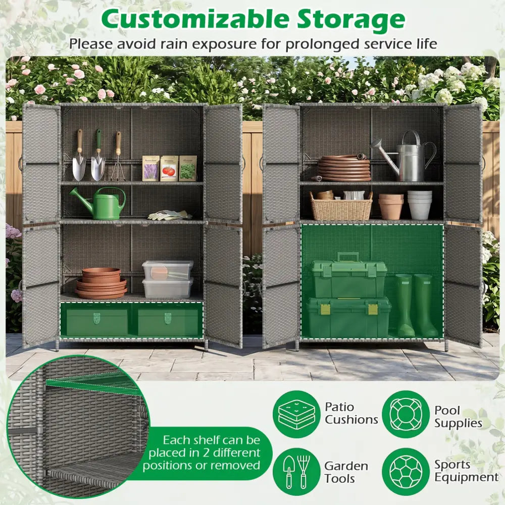 4-Door Rattan Vertical Storage Shed with Adjustable Shelves-Gray - Gray - Sheds & Outdoor Storage