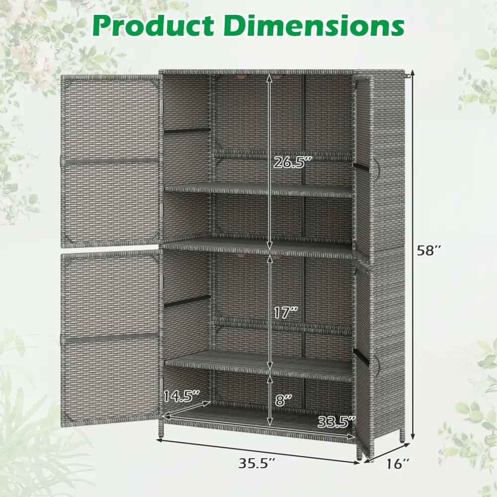 4-Door Rattan Vertical Storage Shed with Adjustable Shelves-Gray - Gray - Sheds & Outdoor Storage