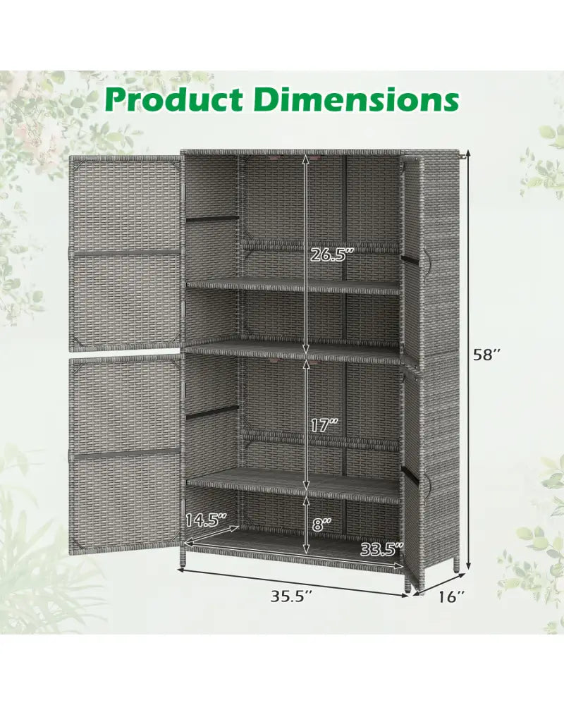 4-Door Rattan Vertical Storage Shed with Adjustable Shelves-Gray - Gray - Sheds & Outdoor Storage