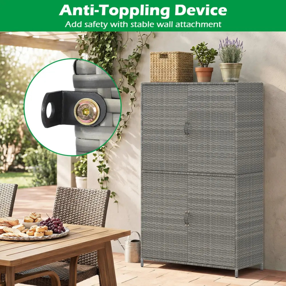 4-Door Rattan Vertical Storage Shed with Adjustable Shelves-Gray - Gray - Sheds & Outdoor Storage