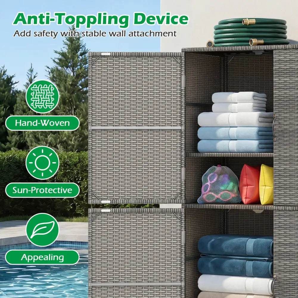 4-Door Rattan Vertical Storage Shed with Adjustable Shelves-Gray - Gray - Sheds & Outdoor Storage