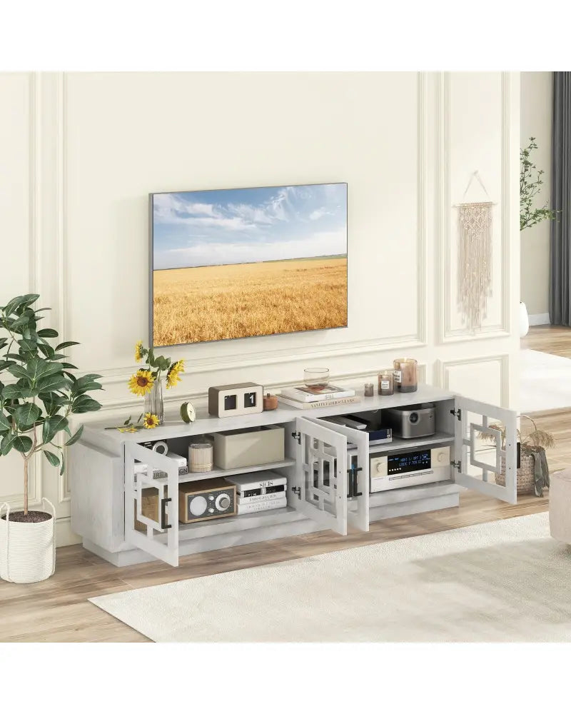 4-Door TV Stand for TVs up to 75 Inch Media Console Table with Adjustable Shelves-Oak - Oak - Entertainment Centers &