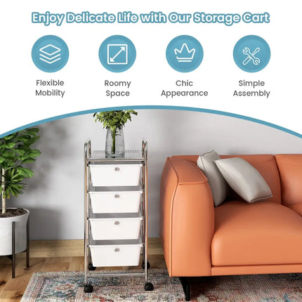 4-Drawer Cart Storage Bin Organizer Rolling with Plastic Drawers-White Costway