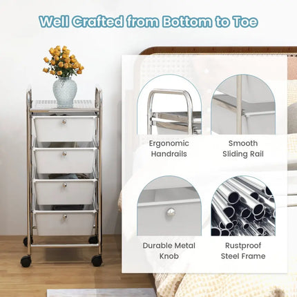 4-Drawer Cart Storage Bin Organizer Rolling with Plastic Drawers-White Costway