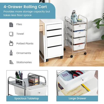 4-Drawer Cart Storage Bin Organizer Rolling with Plastic Drawers-White Costway