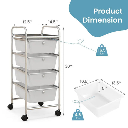 4-Drawer Cart Storage Bin Organizer Rolling with Plastic Drawers-White Costway