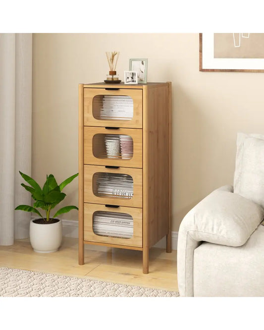 4-Drawer Dresser Bamboo Storage Cabinet with Fluted Tempered Glass Drawers-Natural - Natural - Cabinets & Chests