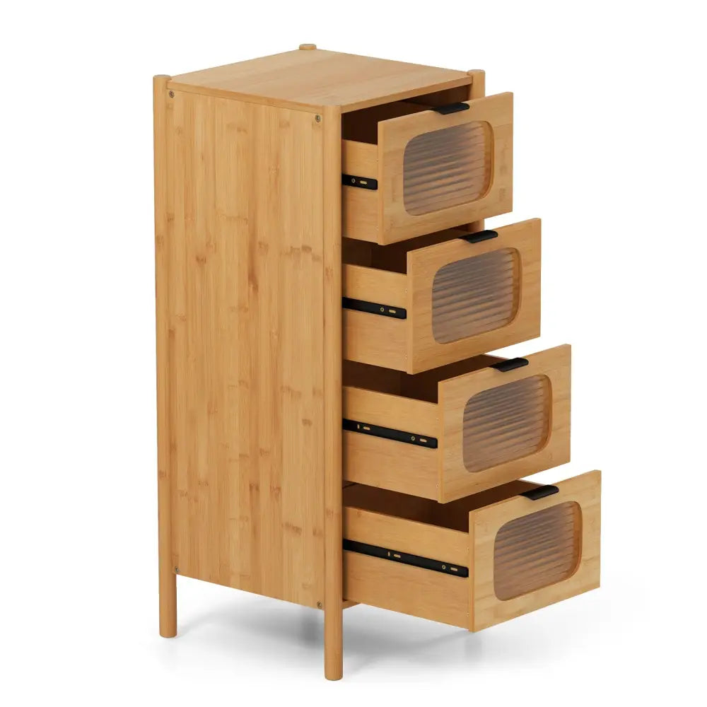 4-Drawer Dresser Bamboo Storage Cabinet with Fluted Tempered Glass Drawers-Natural - Natural - Cabinets & Chests