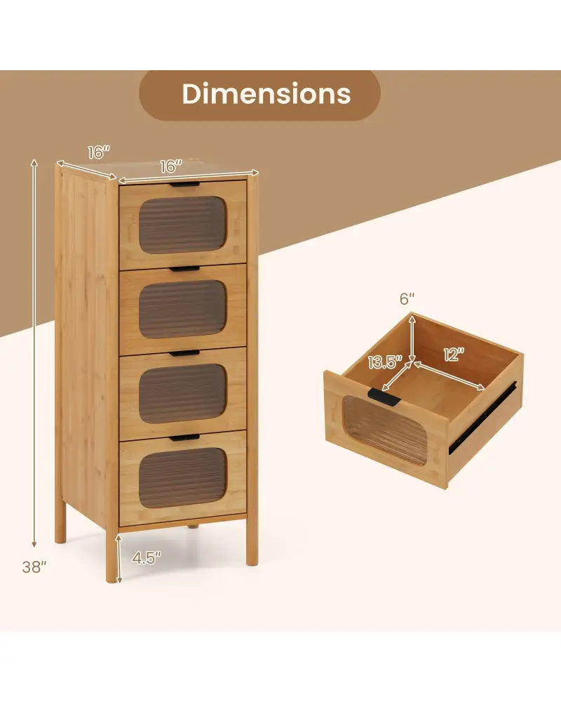 4-Drawer Dresser Bamboo Storage Cabinet with Fluted Tempered Glass Drawers-Natural - Natural - Cabinets & Chests