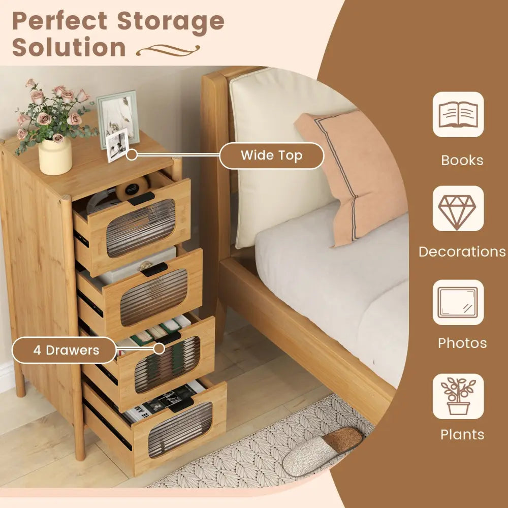 4-Drawer Dresser Bamboo Storage Cabinet with Fluted Tempered Glass Drawers-Natural - Natural - Cabinets & Chests