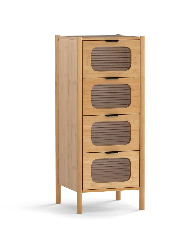 4-Drawer Dresser Bamboo Storage Cabinet with Fluted Tempered Glass Drawers-Natural - Natural - Cabinets & Chests