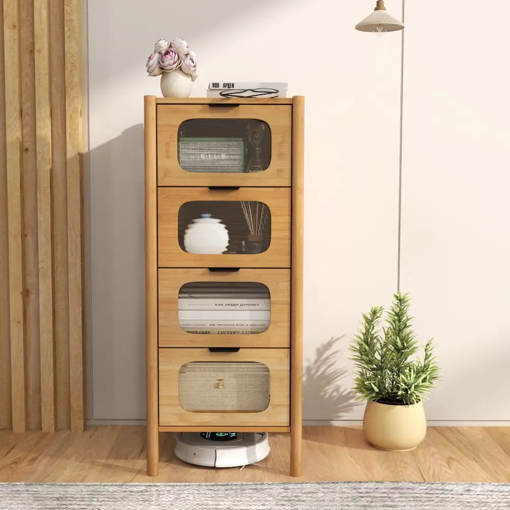 4-Drawer Dresser Bamboo Storage Cabinet with Fluted Tempered Glass Drawers-Natural - Natural - Cabinets & Chests