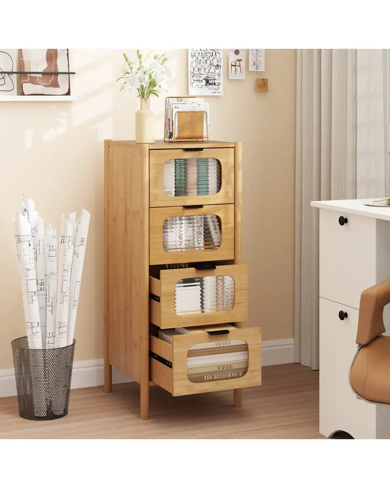 4-Drawer Dresser Bamboo Storage Cabinet with Fluted Tempered Glass Drawers-Natural - Natural - Cabinets & Chests