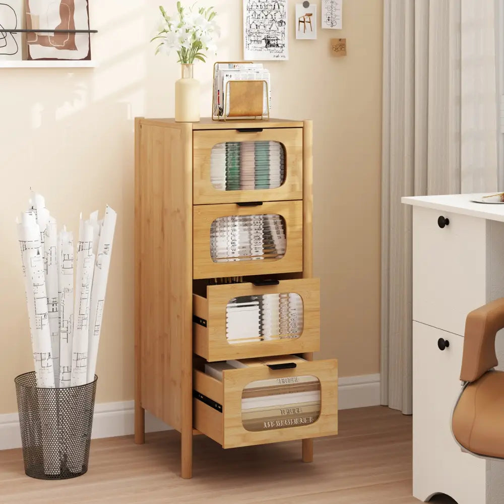 4-Drawer Dresser Bamboo Storage Cabinet with Fluted Tempered Glass Drawers-Natural - Natural - Cabinets & Chests