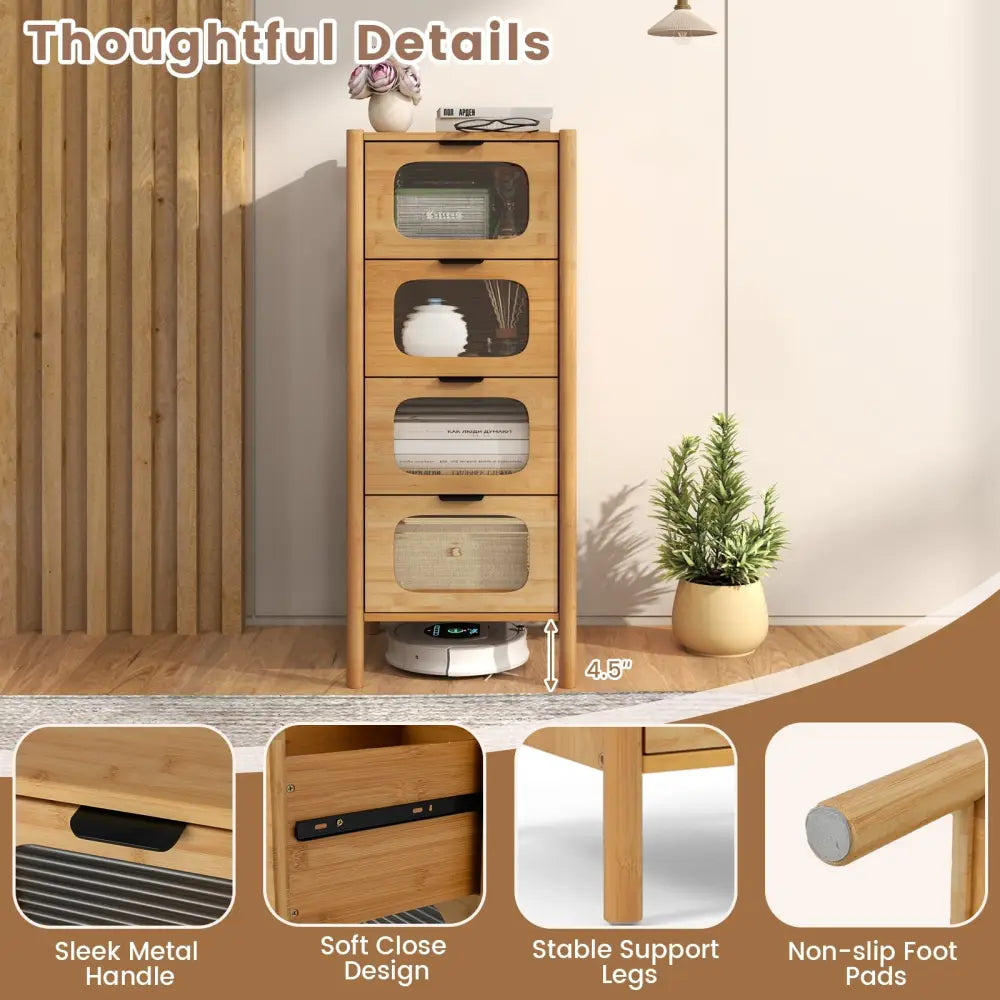 4-Drawer Dresser Bamboo Storage Cabinet with Fluted Tempered Glass Drawers-Natural - Natural - Cabinets & Chests