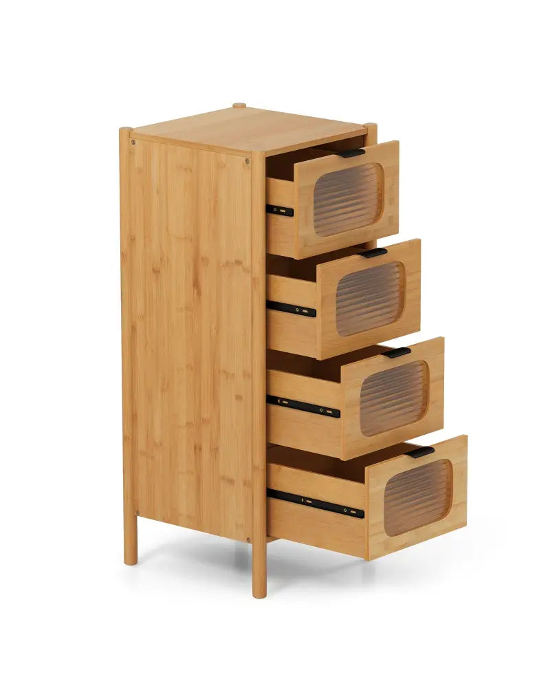 4-Drawer Dresser Bamboo Storage Cabinet with Fluted Tempered Glass Drawers-Natural - Natural - Cabinets & Chests