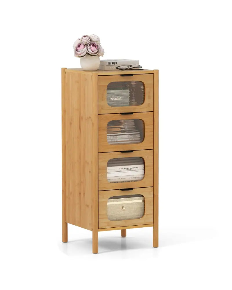 4-Drawer Dresser Bamboo Storage Cabinet with Fluted Tempered Glass Drawers-Natural - Natural - Cabinets & Chests