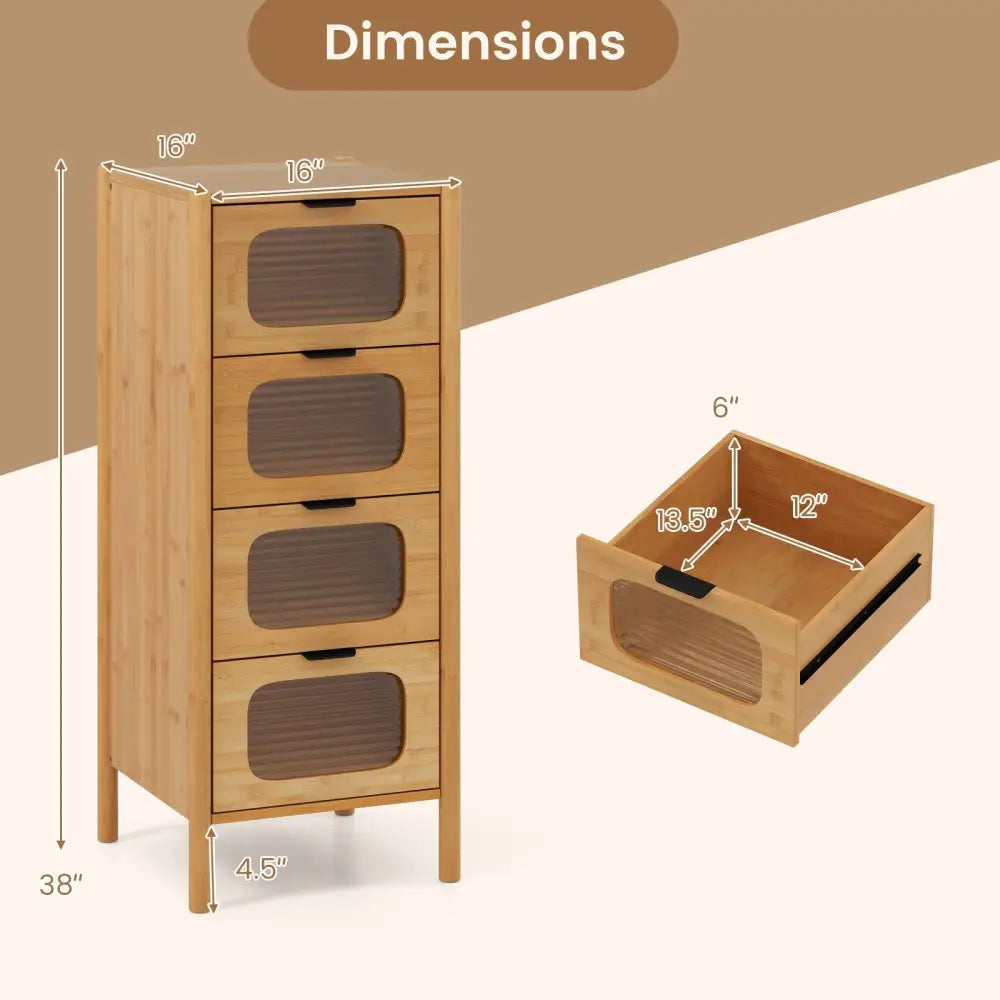 4-Drawer Dresser Bamboo Storage Cabinet with Fluted Tempered Glass Drawers-Natural - Natural - Cabinets & Chests