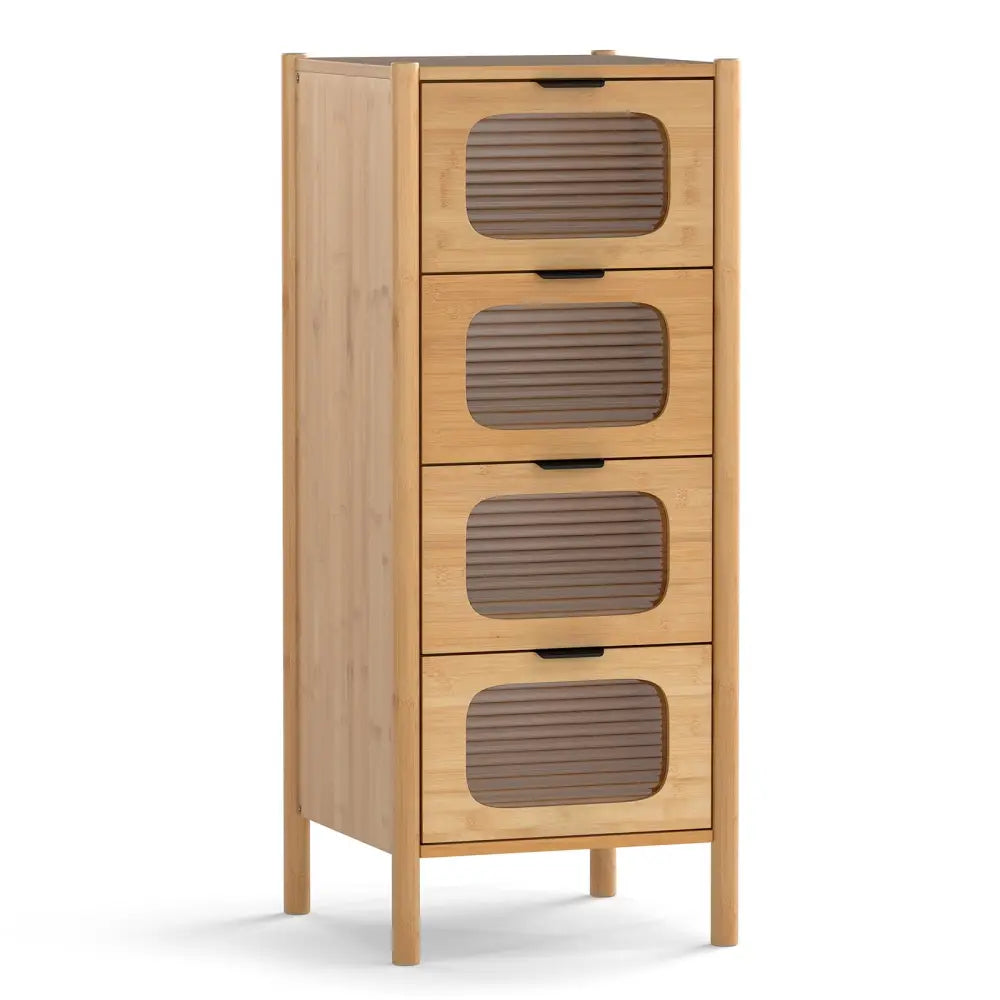 4-Drawer Dresser Bamboo Storage Cabinet with Fluted Tempered Glass Drawers-Natural - Natural - Cabinets & Chests