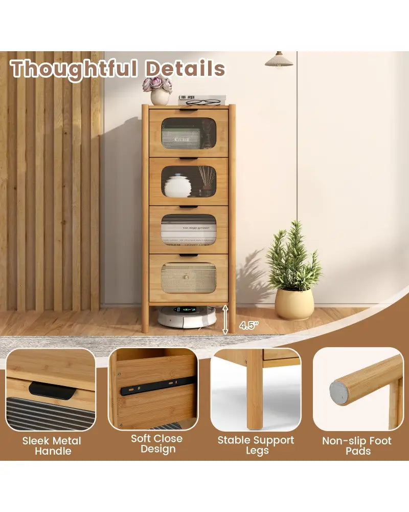 4-Drawer Dresser Bamboo Storage Cabinet with Fluted Tempered Glass Drawers-Natural - Natural - Cabinets & Chests