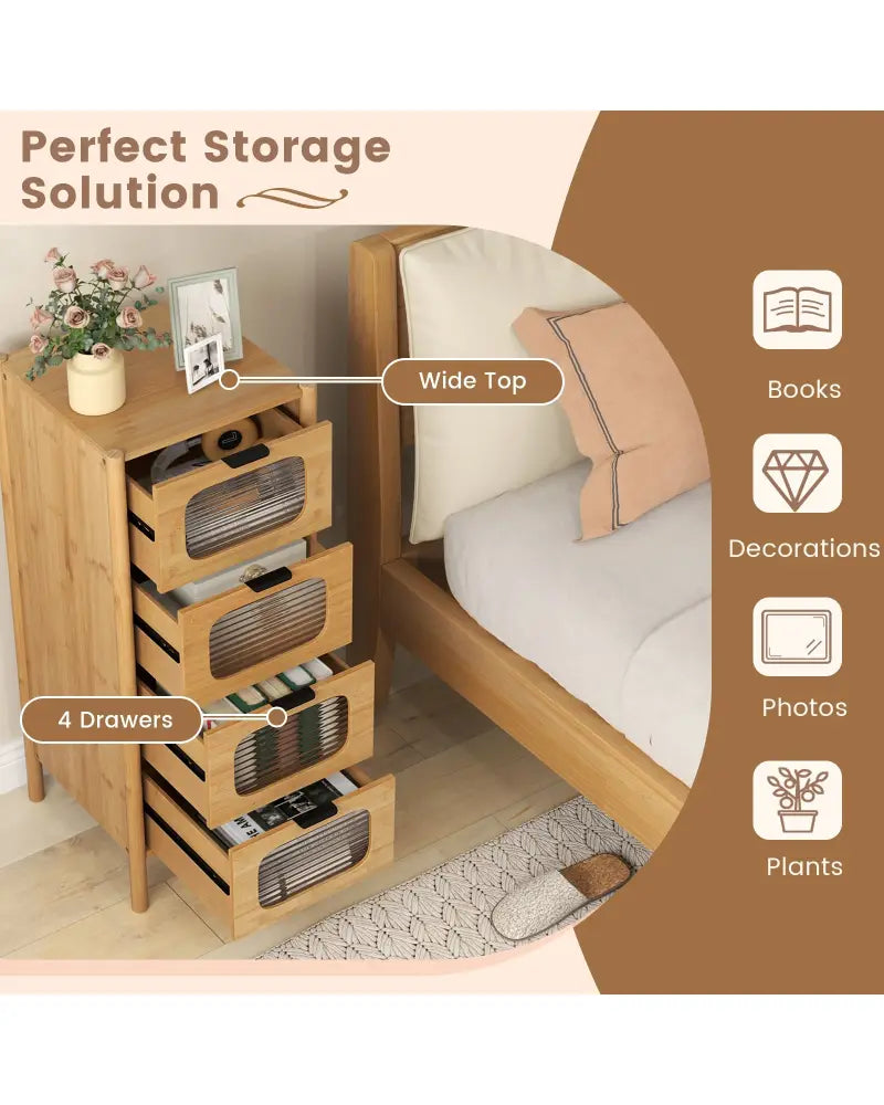 4-Drawer Dresser Bamboo Storage Cabinet with Fluted Tempered Glass Drawers-Natural - Natural - Cabinets & Chests