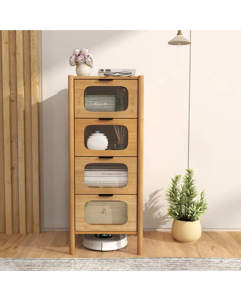 4-Drawer Dresser Bamboo Storage Cabinet with Fluted Tempered Glass Drawers-Natural - Natural - Cabinets & Chests