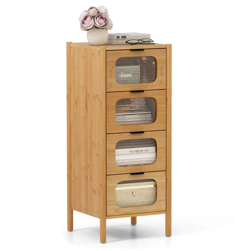4-Drawer Dresser Bamboo Storage Cabinet with Fluted Tempered Glass Drawers-Natural - Natural - Cabinets & Chests