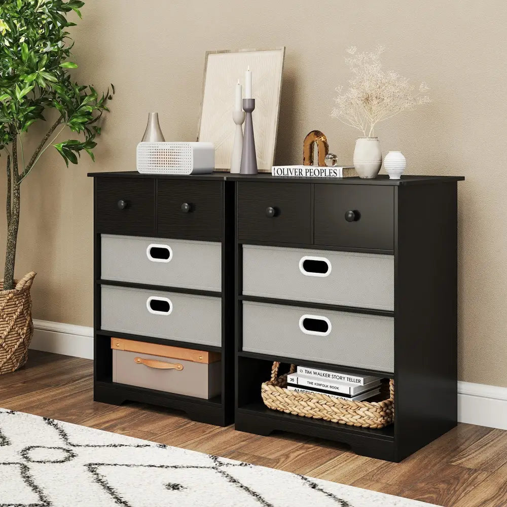 4-Drawer Dresser Modern Chest Storage Organizer with Open Shelves-Black Costway