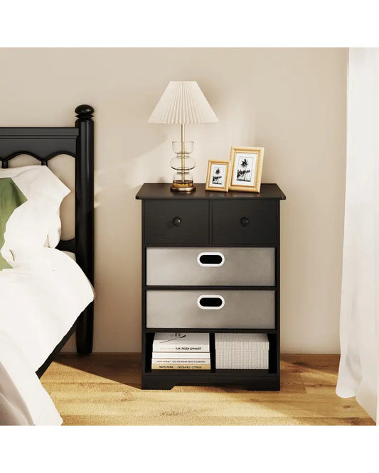 4-Drawer Dresser Modern Chest Storage Organizer with Open Shelves-Black - Black - Cabinets & Chests