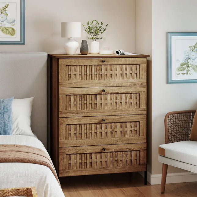 4-Drawer Dresser with Interlocking Mechanism and Metal Legs for Bedroom-Oak Costway