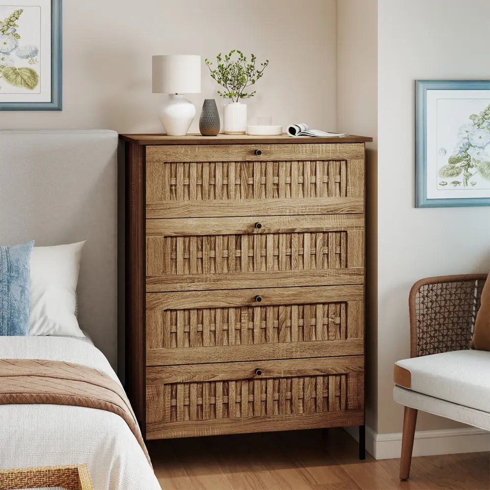4-Drawer Dresser with Interlocking Mechanism and Metal Legs for Bedroom-Oak - Oak - Dressers & Chests