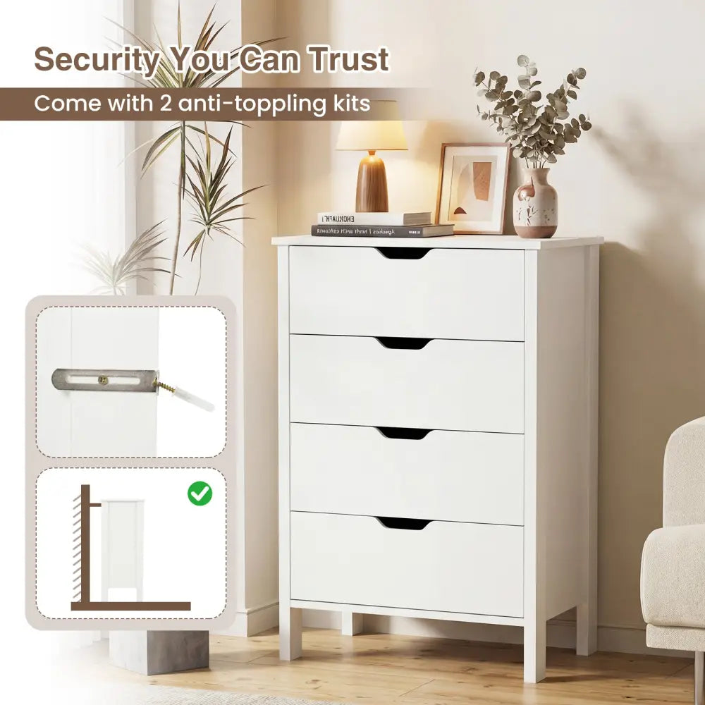4-Drawer Dresser Wooden Nightstand with Anti-Tipping Kits-White - White - Dressers & Chests